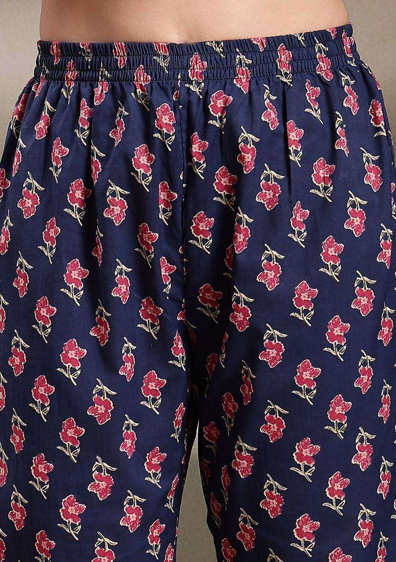 Navy Blue Printed Cotton Kurta Set - Indya