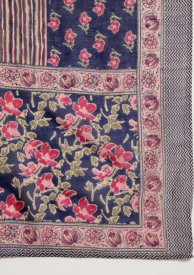 Navy Blue Printed Cotton Kurta Set - Indya