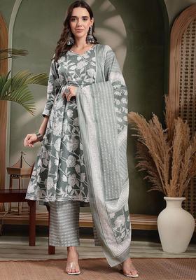 Grey Printed Cotton Kurta Set