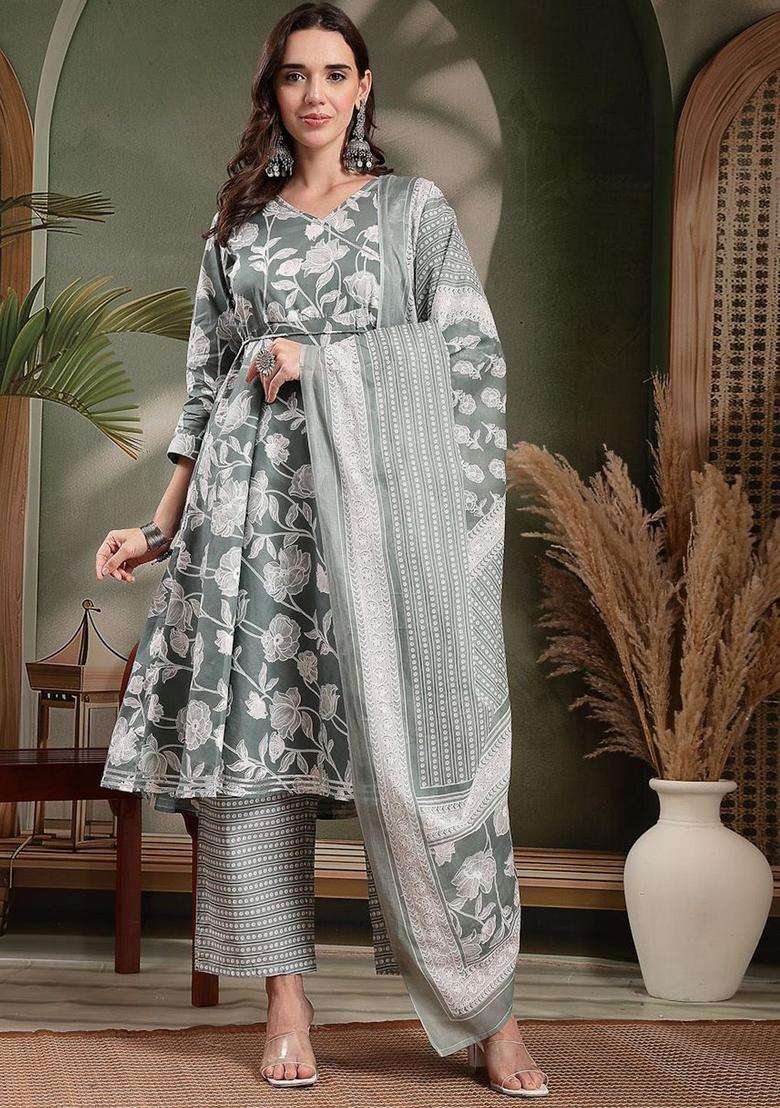 Grey Printed Cotton Kurta Set - Indya