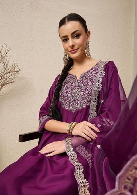 Purple Yoke Design Silk Blend Kurta Set
