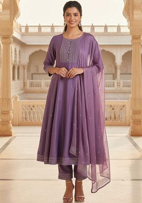 Lavender Printed Silk Anarkali Set