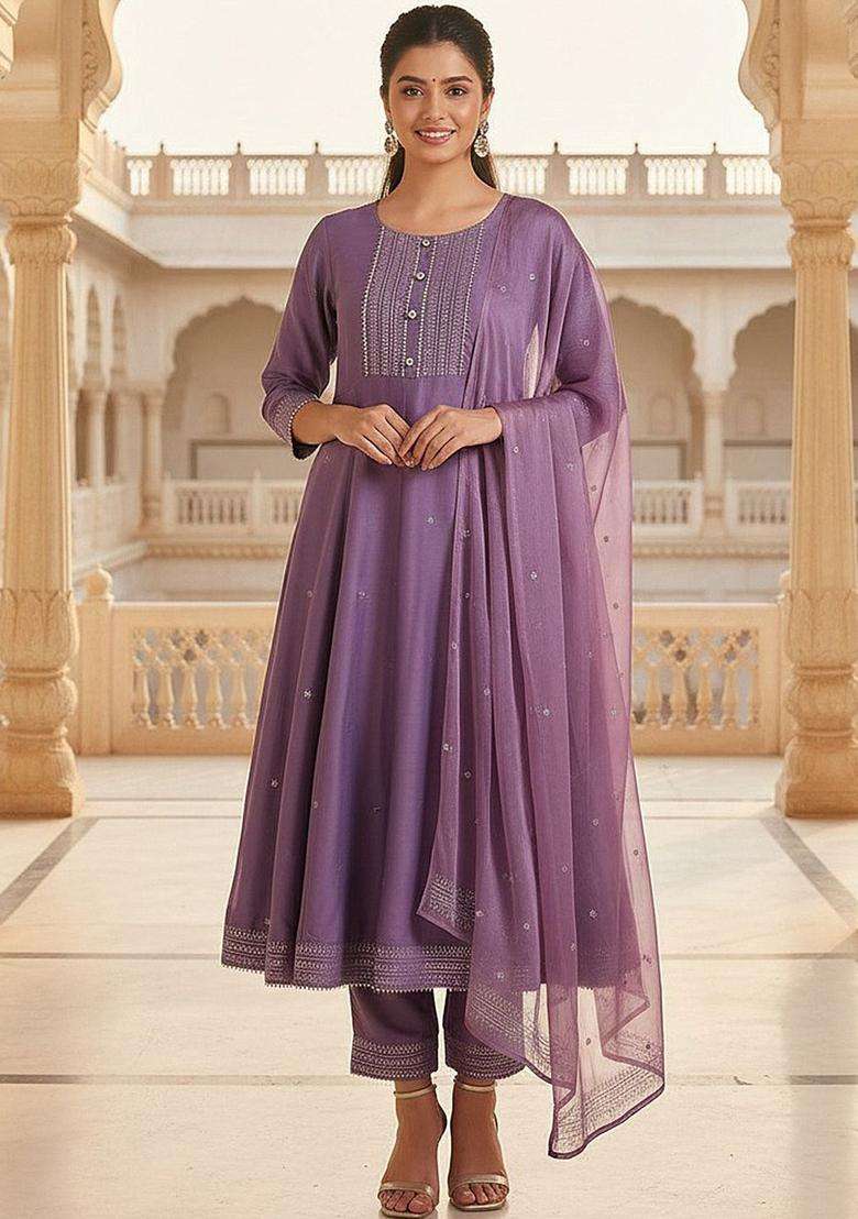Lavender Printed Silk Blend Anarkali Set - Indya