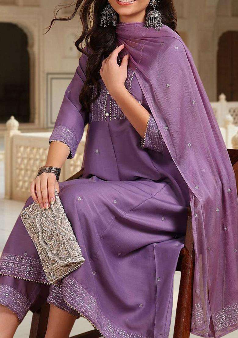 Lavender Printed Silk Blend Anarkali Set - Indya