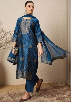Navy Blue Printed Silk Blend Kurta Set