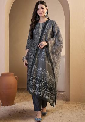 Grey Printed Cotton Kurta Set