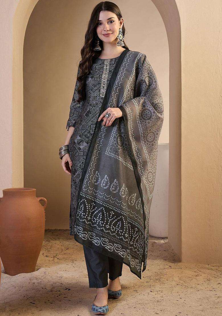 Grey Printed Cotton Kurta Set - Indya