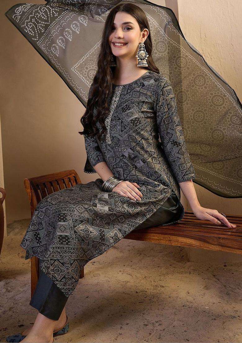 Grey Printed Cotton Kurta Set - Indya