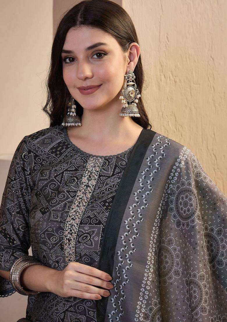 Grey Printed Cotton Kurta Set - Indya