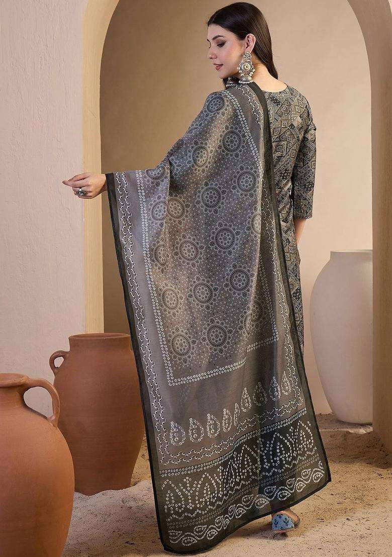 Grey Printed Cotton Kurta Set - Indya