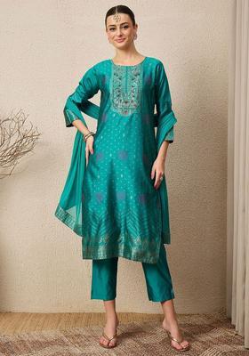 Green Printed Silk Kurta Set