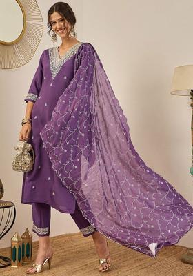 Purple Printed Silk Kurta Set