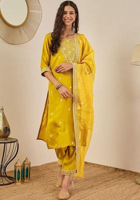 Yellow Printed Silk Blend Kurta Set