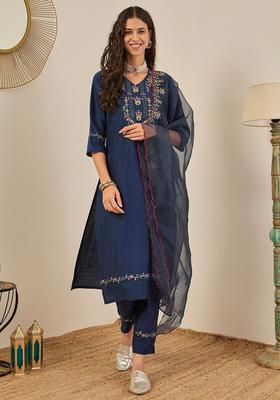 Teal Embroidered Viscose Kurta Set