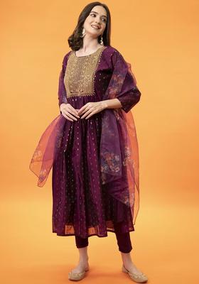 Purple Embroidered Silk Anarkali Set