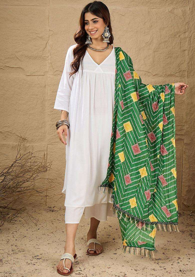 White Solid Viscose Kurta Set - Indya