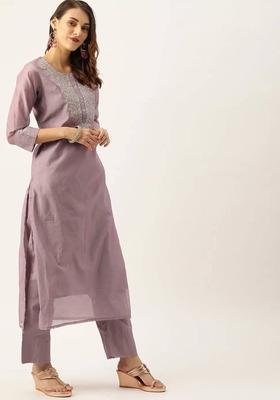 Mauve Embroidered Silk Blend Kurta Set