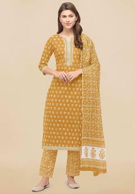 Mustard Printed Cotton Kurta Set