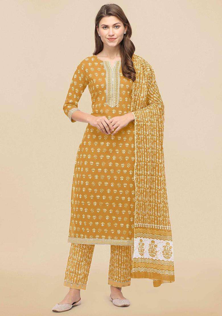 Mustard Printed Cotton Kurta Set - Indya