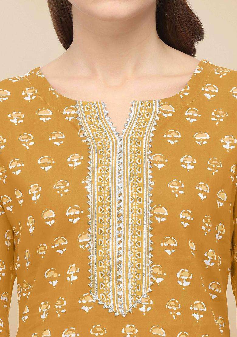 Mustard Printed Cotton Kurta Set - Indya