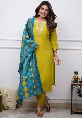 Mustard Embroidered Cotton Kurta Set