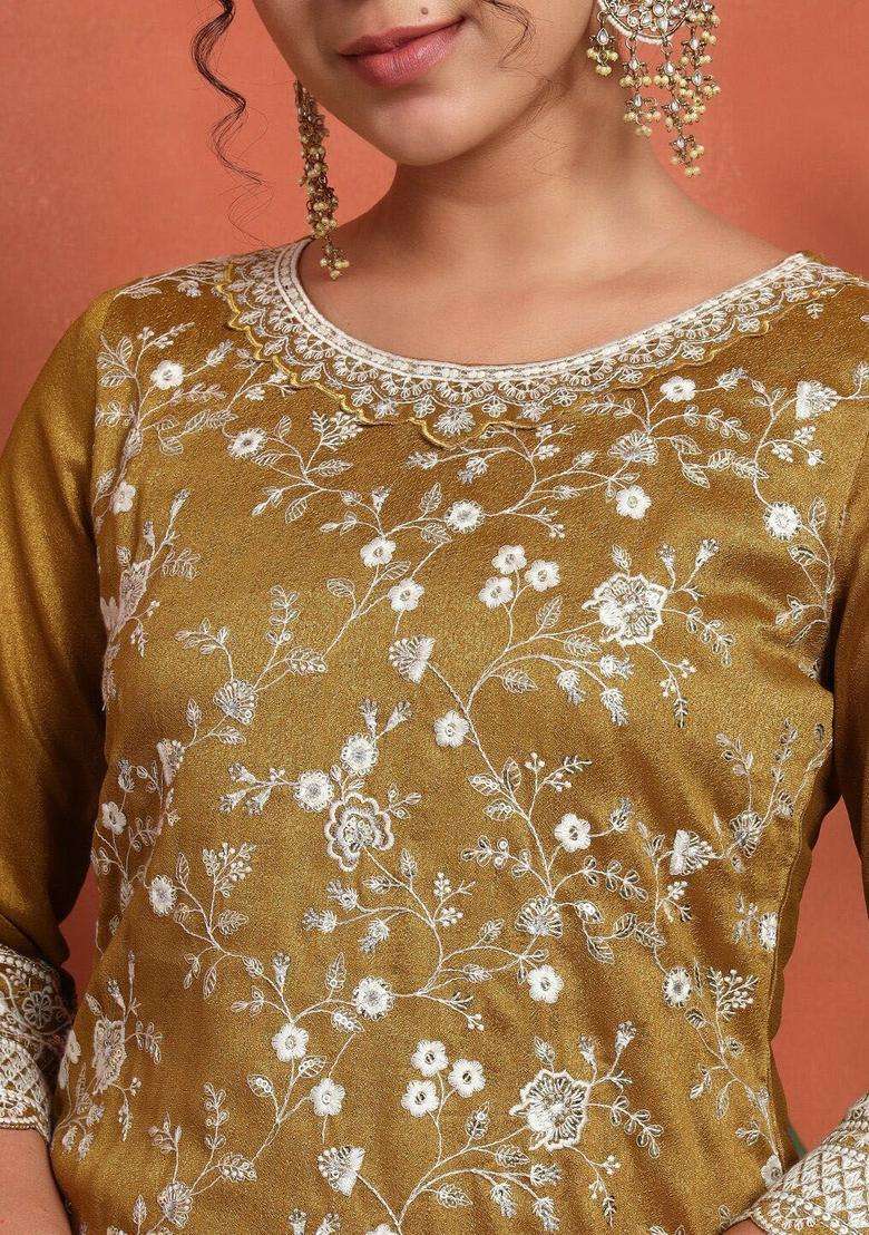 Golden Embroidered Silk Kurta Set - Indya