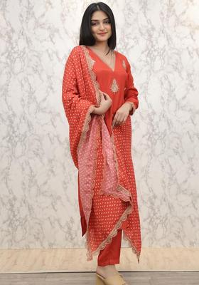 Rust Embroidered Silk Blend Kurta Set
