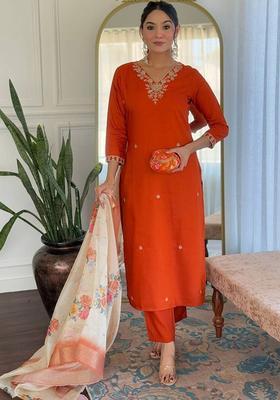 Rust Embroidered Silk Blend Kurta Set