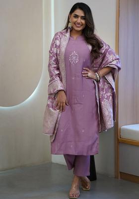 Lavender Embroidered Cotton Kurta Set