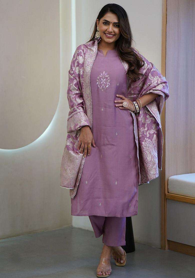 Lavender Embroidered Cotton Kurta Set - Indya