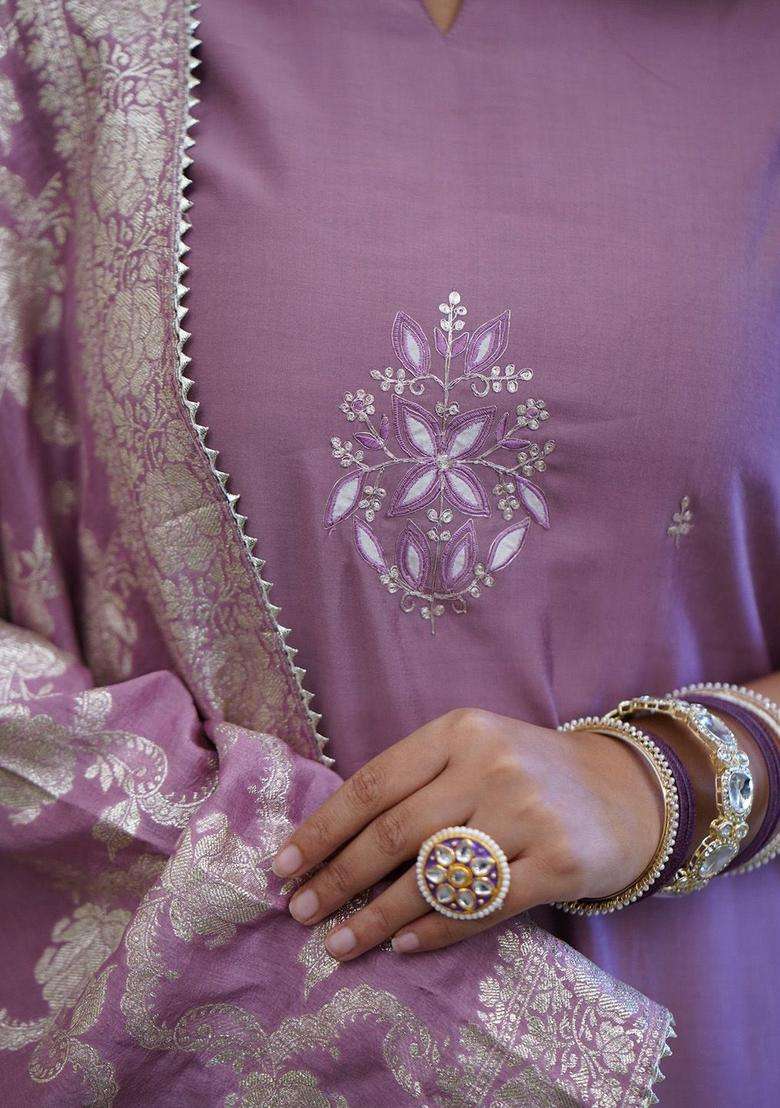 Lavender Embroidered Cotton Kurta Set - Indya