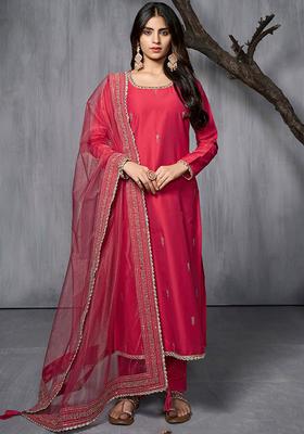 Magenta Embroidered Silk Kurta Set