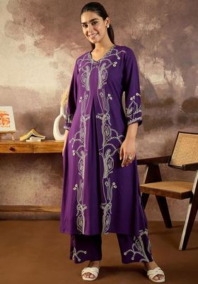 Purple Printed Viscose Kurta Set