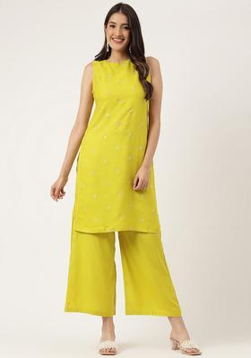 Mustard Embroidered Viscose Kurta Set