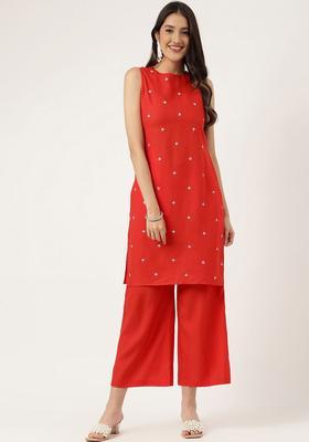 Red Embroidered Viscose Kurta Set