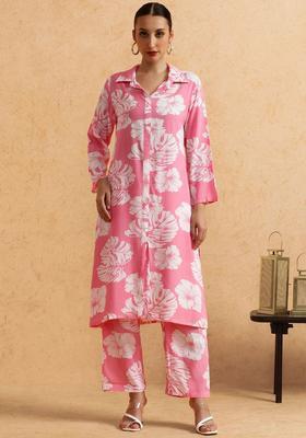 Pink Printed Viscose Kurta Set