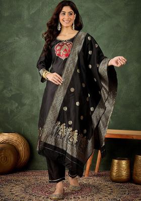 Black Woven Design Silk Blend Kurta Set