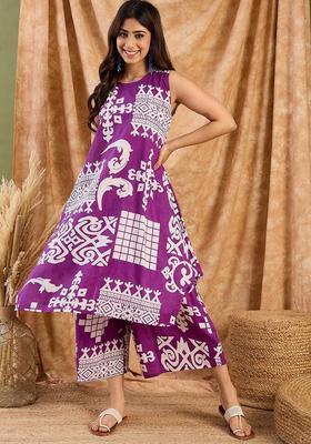 Purple Printed Cotton Kurta Set