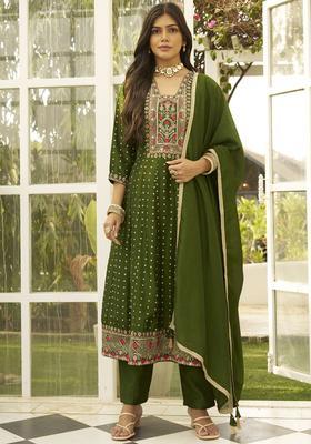 Green Printed Silk Kurta Set