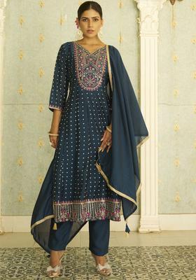 Teal Embroidered Silk Blend Anarkali Set