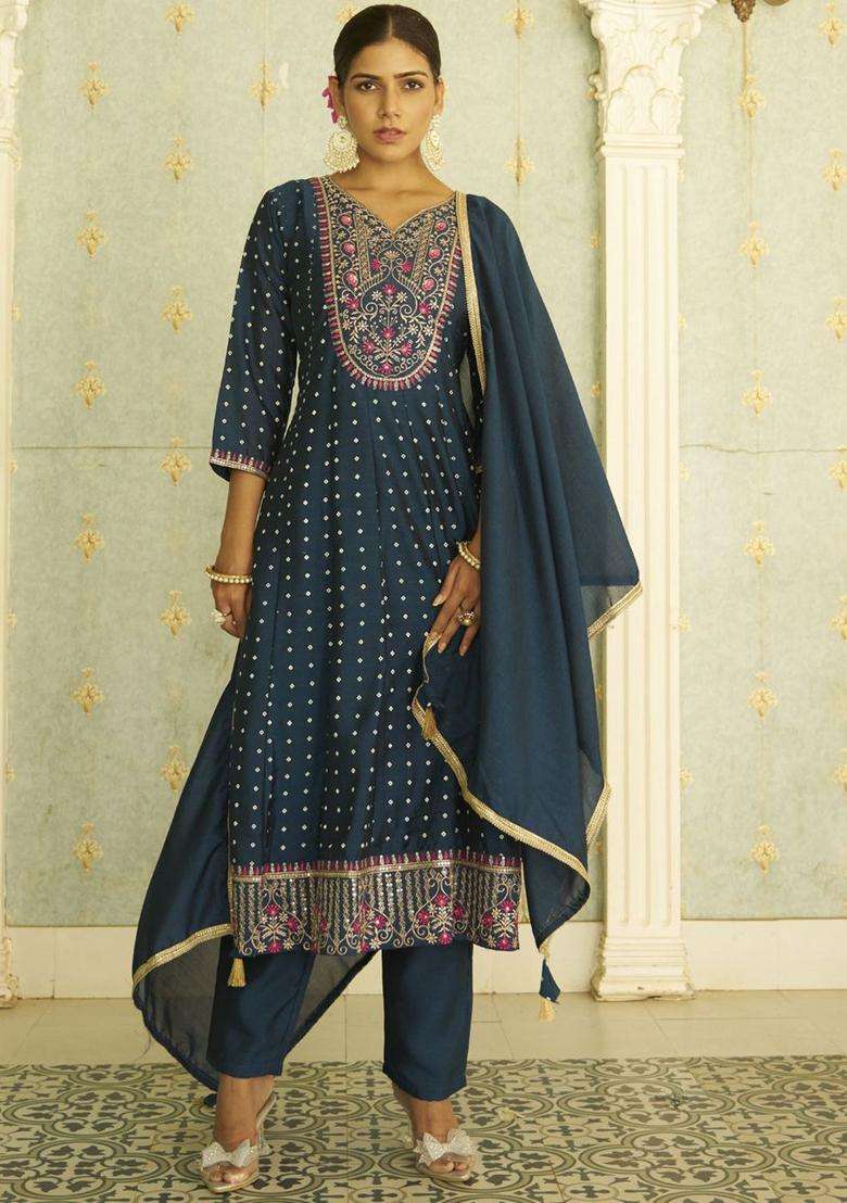 Teal Embroidered Silk Blend Anarkali Set - Indya