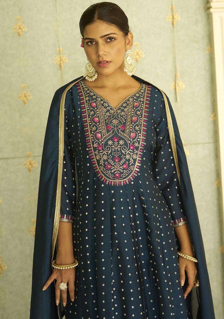 Teal Embroidered Silk Blend Anarkali Set - Indya