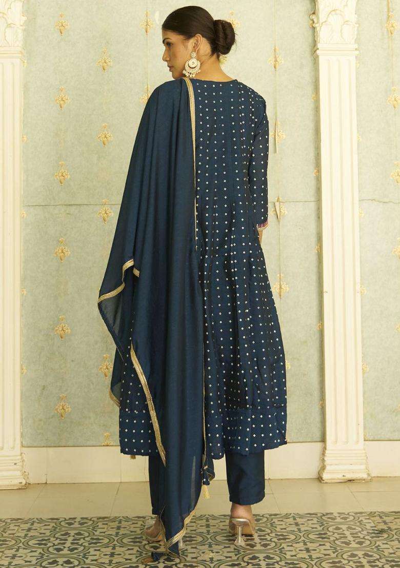 Teal Embroidered Silk Blend Anarkali Set - Indya