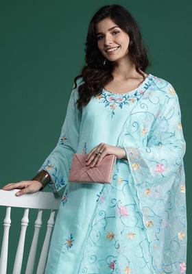 Sea Green Embroidered Silk Kurta Set