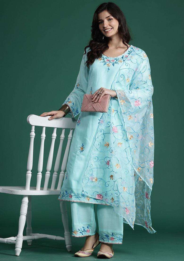 Sea Green Embroidered Silk Blend Kurta Set - Indya