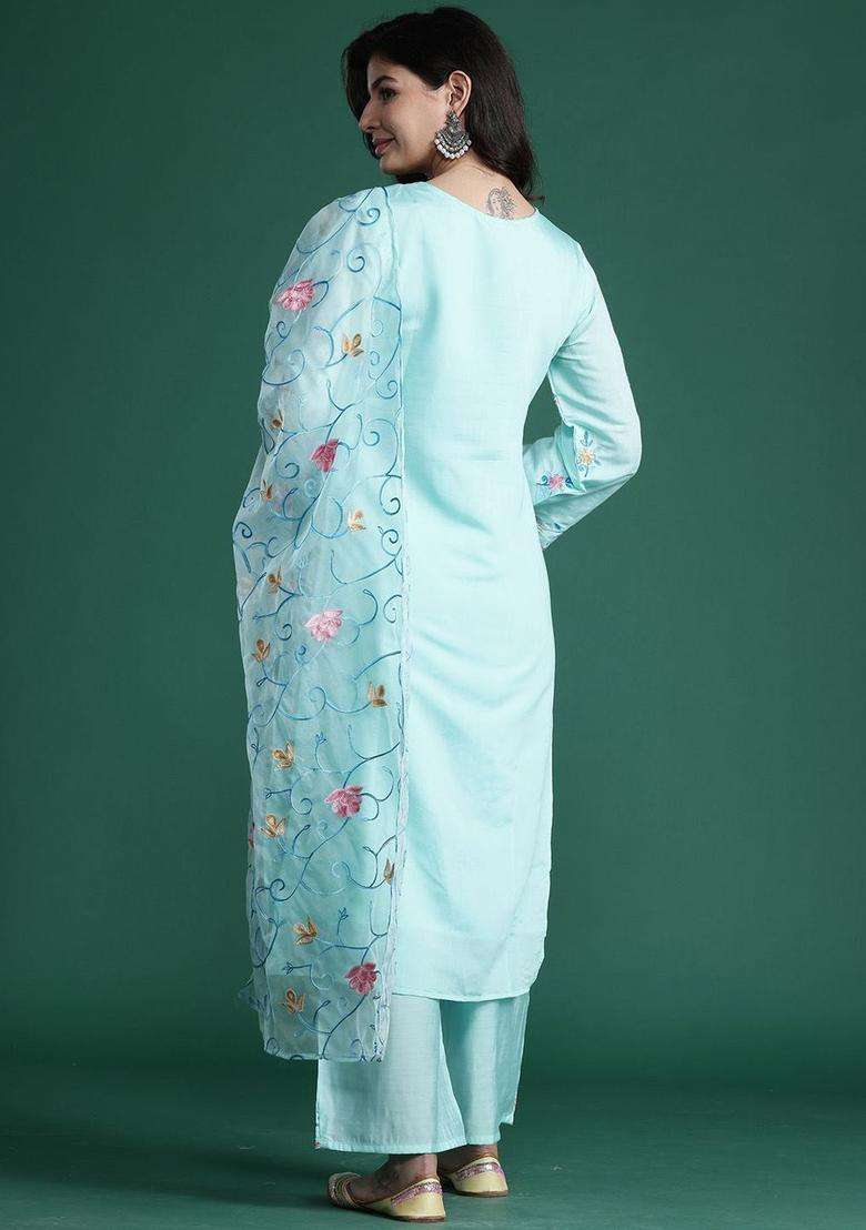 Sea Green Embroidered Silk Blend Kurta Set - Indya