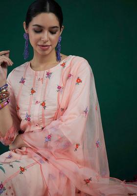 Peach Embroidered Polyester Kurta Set