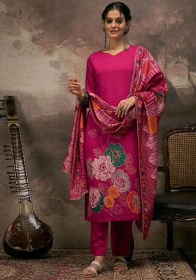 Fuchsia Printed Silk Kurta Set