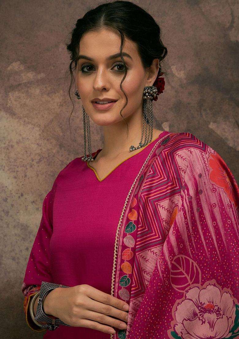 Fuchsia Printed Silk Blend Kurta Set - Indya
