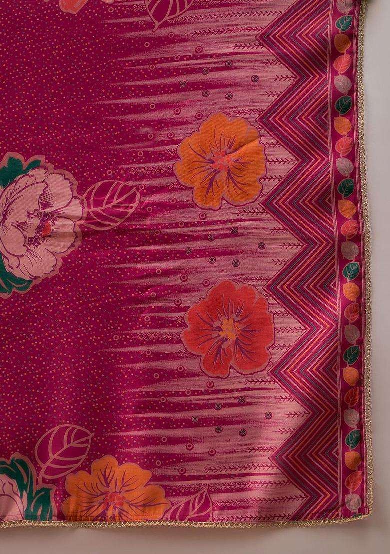 Fuchsia Printed Silk Blend Kurta Set - Indya